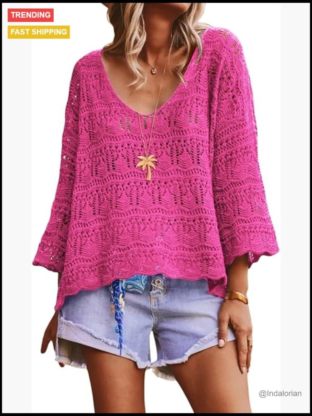 Women's Crochet 3/4 Sleeve Oversized Beach Resort Sweater Cover Up